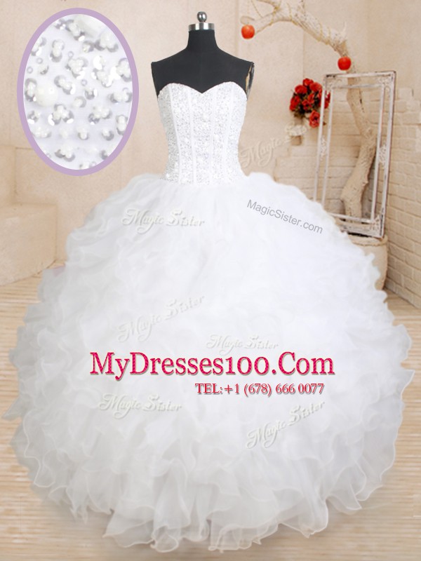 White 15 Quinceanera Dress Military Ball and Sweet 16 and Quinceanera and For with Beading and Ruffles Sweetheart Sleeveless Lace Up