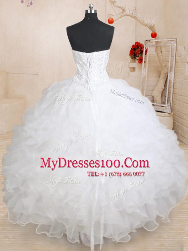 White 15 Quinceanera Dress Military Ball and Sweet 16 and Quinceanera and For with Beading and Ruffles Sweetheart Sleeveless Lace Up