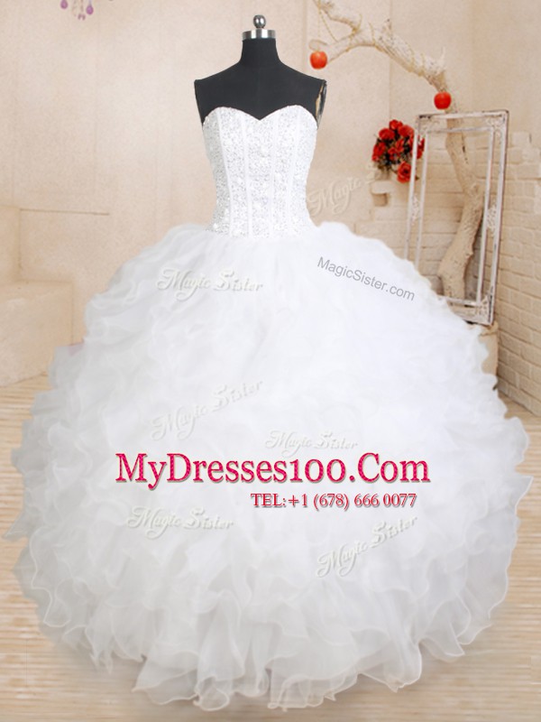 White 15 Quinceanera Dress Military Ball and Sweet 16 and Quinceanera and For with Beading and Ruffles Sweetheart Sleeveless Lace Up