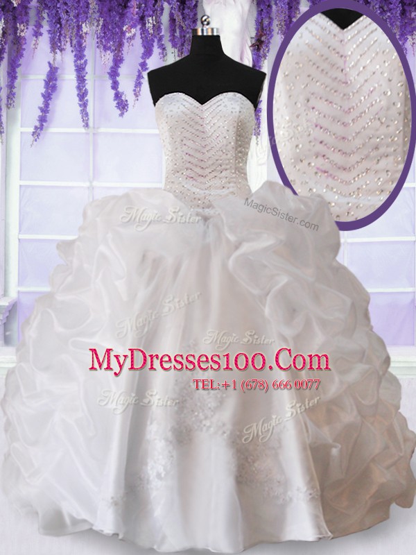 Stunning White Ball Gowns Beading and Appliques and Pick Ups Sweet 16 Dress Lace Up Organza Sleeveless Floor Length