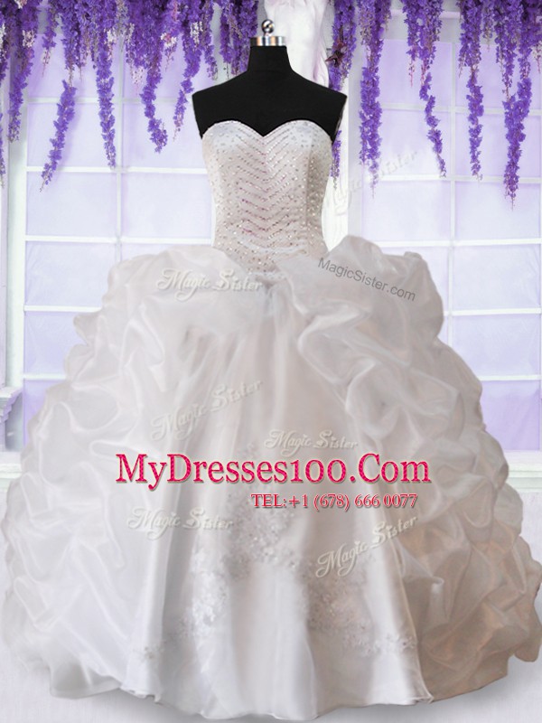 Stunning White Ball Gowns Beading and Appliques and Pick Ups Sweet 16 Dress Lace Up Organza Sleeveless Floor Length