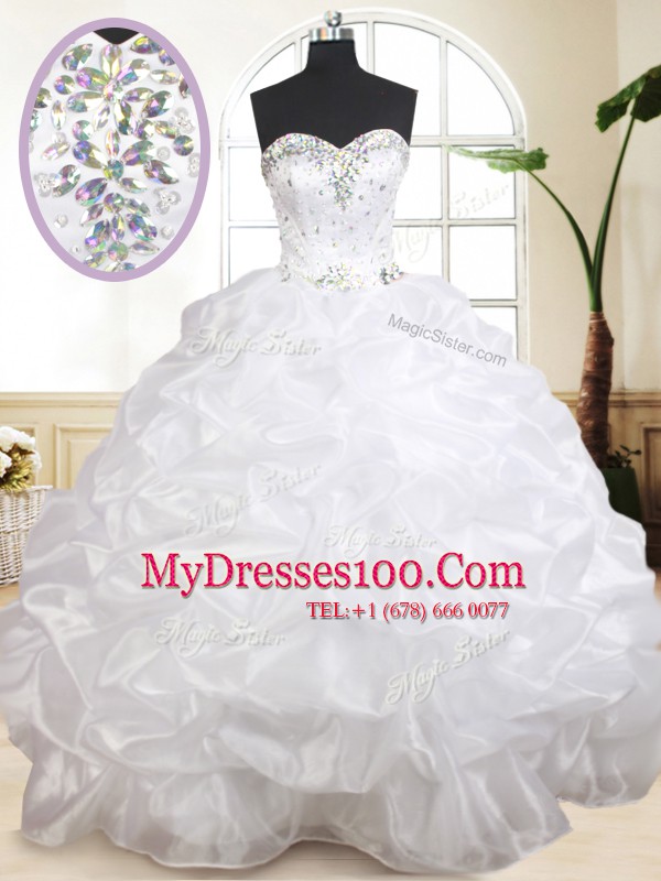 Sleeveless Floor Length Beading and Pick Ups Lace Up Sweet 16 Dress with White