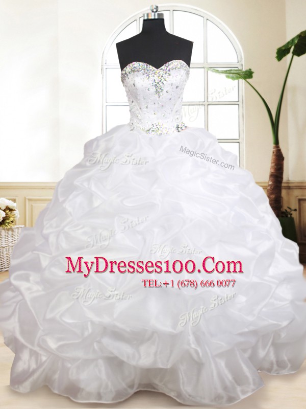 Sleeveless Floor Length Beading and Pick Ups Lace Up Sweet 16 Dress with White