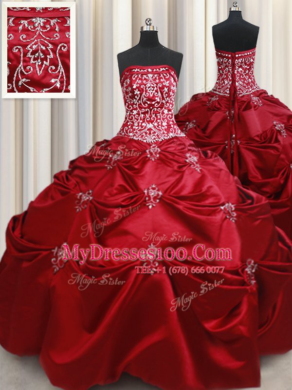Spectacular Strapless Sleeveless Sweet 16 Dresses Floor Length Beading and Pick Ups Wine Red Taffeta