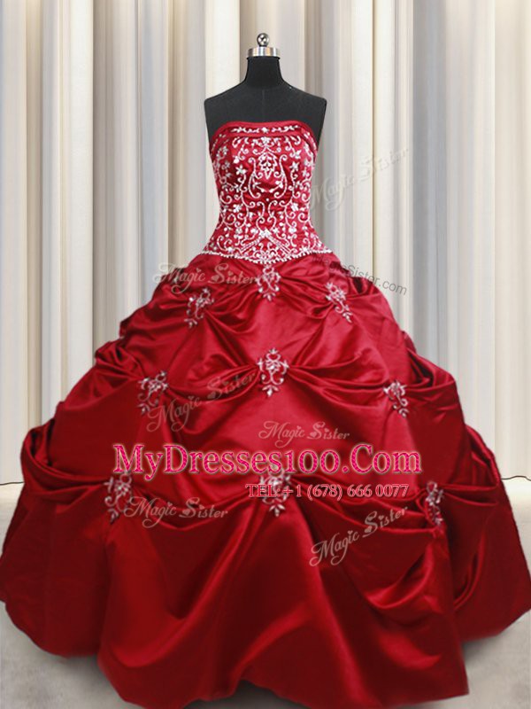 Spectacular Strapless Sleeveless Sweet 16 Dresses Floor Length Beading and Pick Ups Wine Red Taffeta