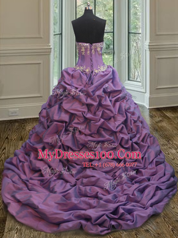 Unique Sleeveless With Train Beading and Pick Ups Lace Up Sweet 16 Dress with White And Purple Court Train