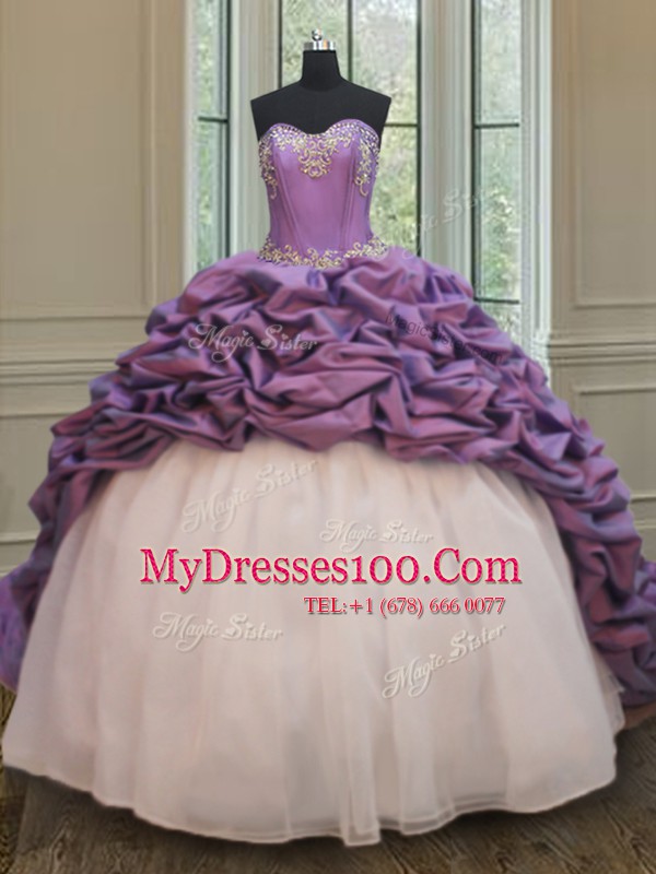 Unique Sleeveless With Train Beading and Pick Ups Lace Up Sweet 16 Dress with White And Purple Court Train