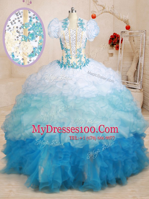 Luxury Multi-color Lace Up Sweetheart Beading and Appliques and Ruffles Quinceanera Gown Organza Sleeveless Brush Train