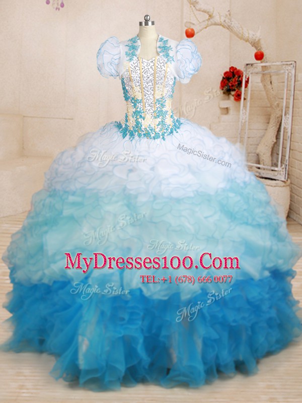 Luxury Multi-color Lace Up Sweetheart Beading and Appliques and Ruffles Quinceanera Gown Organza Sleeveless Brush Train