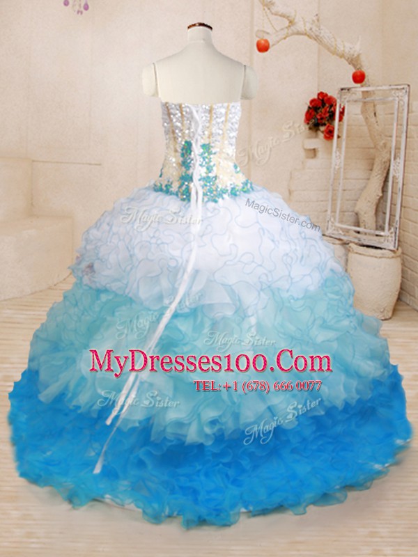 Luxury Multi-color Lace Up Sweetheart Beading and Appliques and Ruffles Quinceanera Gown Organza Sleeveless Brush Train