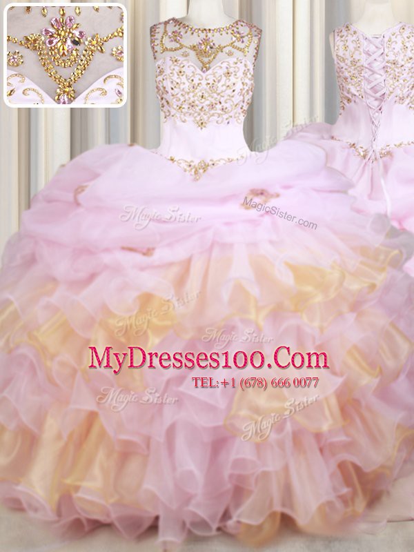 Glamorous Scoop Sleeveless Organza With Train Court Train Lace Up Vestidos de Quinceanera in Pink with Beading and Ruffles and Pick Ups