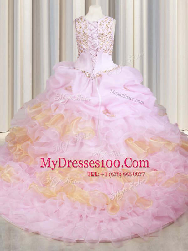 Glamorous Scoop Sleeveless Organza With Train Court Train Lace Up Vestidos de Quinceanera in Pink with Beading and Ruffles and Pick Ups