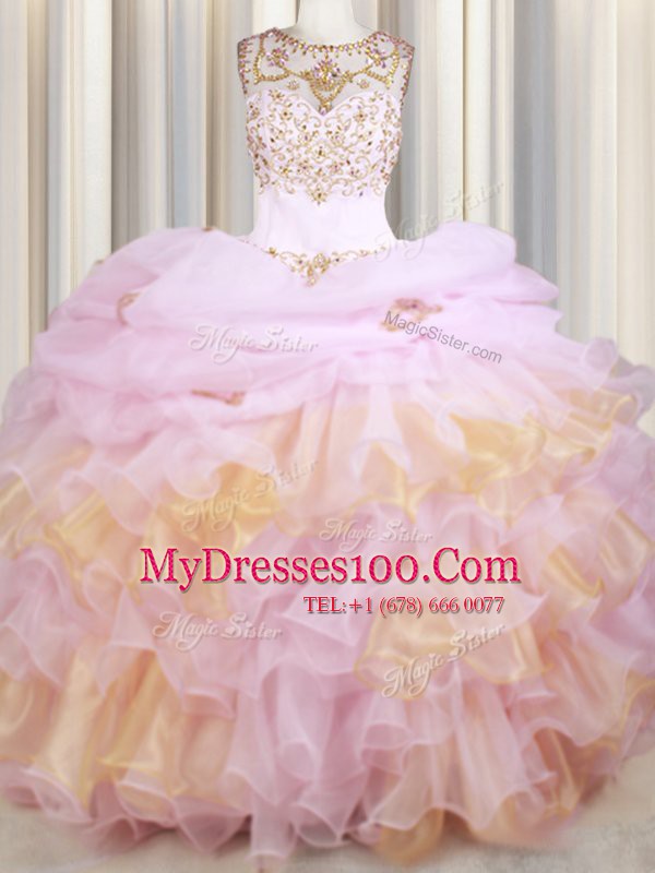 Glamorous Scoop Sleeveless Organza With Train Court Train Lace Up Vestidos de Quinceanera in Pink with Beading and Ruffles and Pick Ups