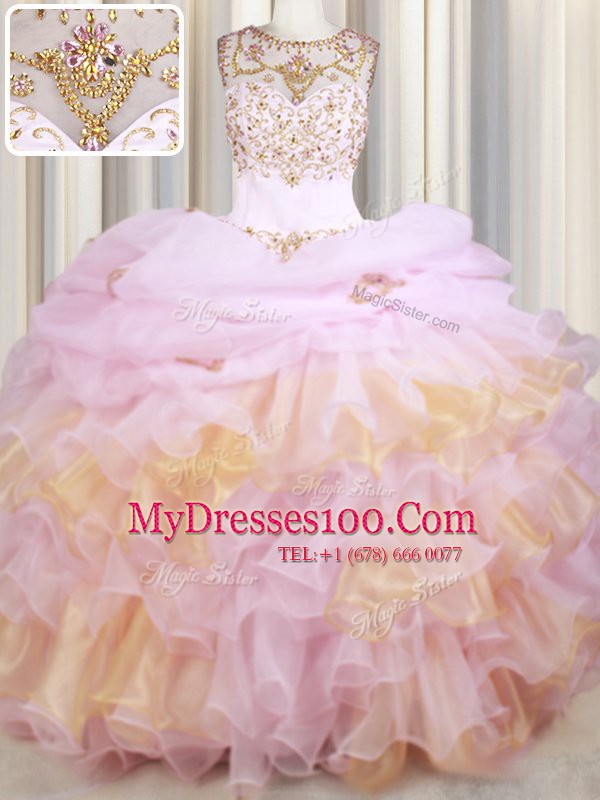 Glamorous Scoop Sleeveless Organza With Train Court Train Lace Up Vestidos de Quinceanera in Pink with Beading and Ruffles and Pick Ups