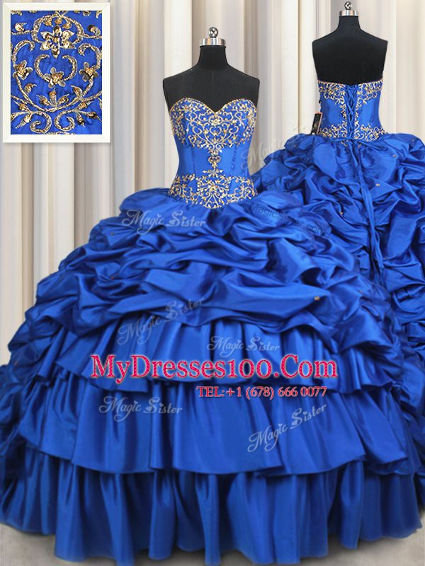 Sweetheart Sleeveless Sweet 16 Dress With Brush Train Beading and Ruffled Layers and Pick Ups Royal Blue Taffeta
