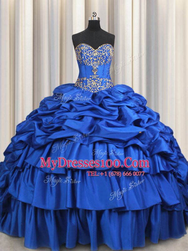 Sweetheart Sleeveless Sweet 16 Dress With Brush Train Beading and Ruffled Layers and Pick Ups Royal Blue Taffeta