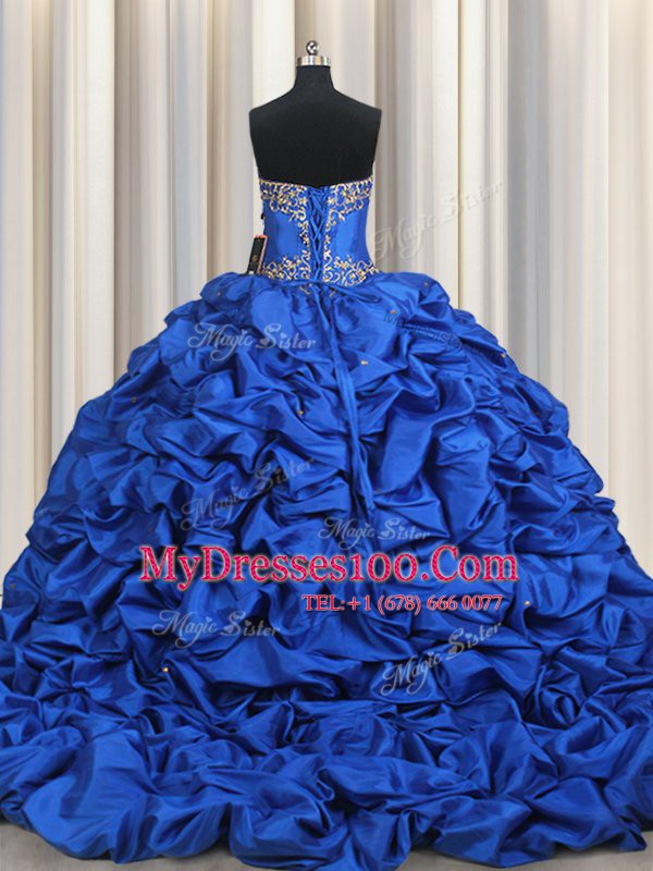 Sweetheart Sleeveless Sweet 16 Dress With Brush Train Beading and Ruffled Layers and Pick Ups Royal Blue Taffeta