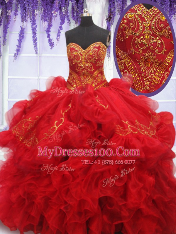 Red Lace Up Sweetheart Beading and Embroidery and Ruffles Quinceanera Dress Organza and Taffeta Sleeveless Brush Train