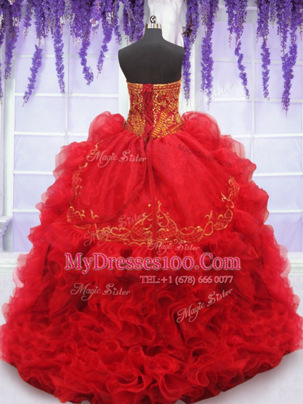 Red Lace Up Sweetheart Beading and Embroidery and Ruffles Quinceanera Dress Organza and Taffeta Sleeveless Brush Train