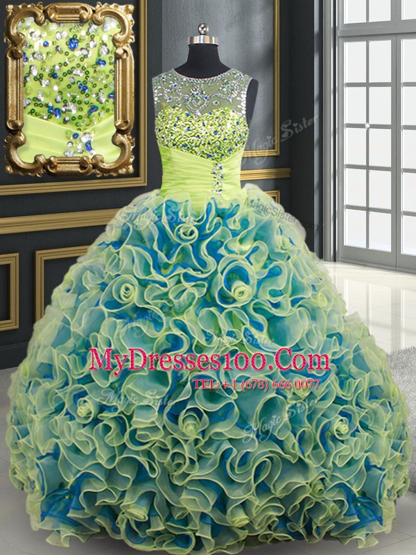 Best Scoop See Through Fabric with Rolling Flowers Yellow Green Lace Up Sweet 16 Dress Beading and Sequins Sleeveless Brush Train