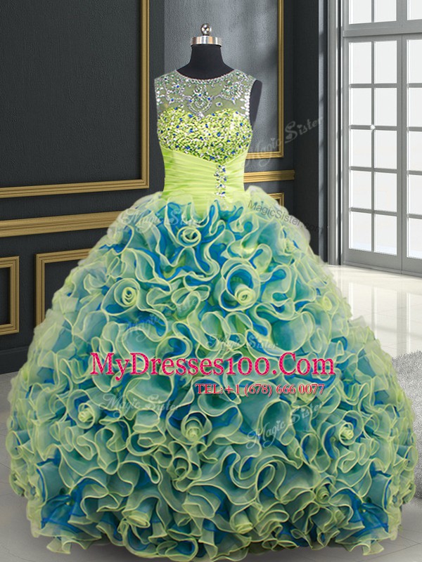 Best Scoop See Through Fabric with Rolling Flowers Yellow Green Lace Up Sweet 16 Dress Beading and Sequins Sleeveless Brush Train