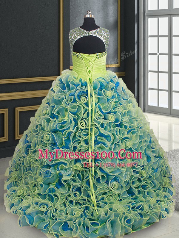 Best Scoop See Through Fabric with Rolling Flowers Yellow Green Lace Up Sweet 16 Dress Beading and Sequins Sleeveless Brush Train