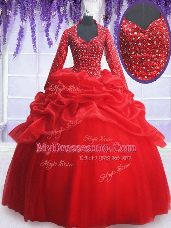 Sequins Pick Ups Sweetheart Long Sleeves Zipper 15 Quinceanera Dress Red Organza and Tulle