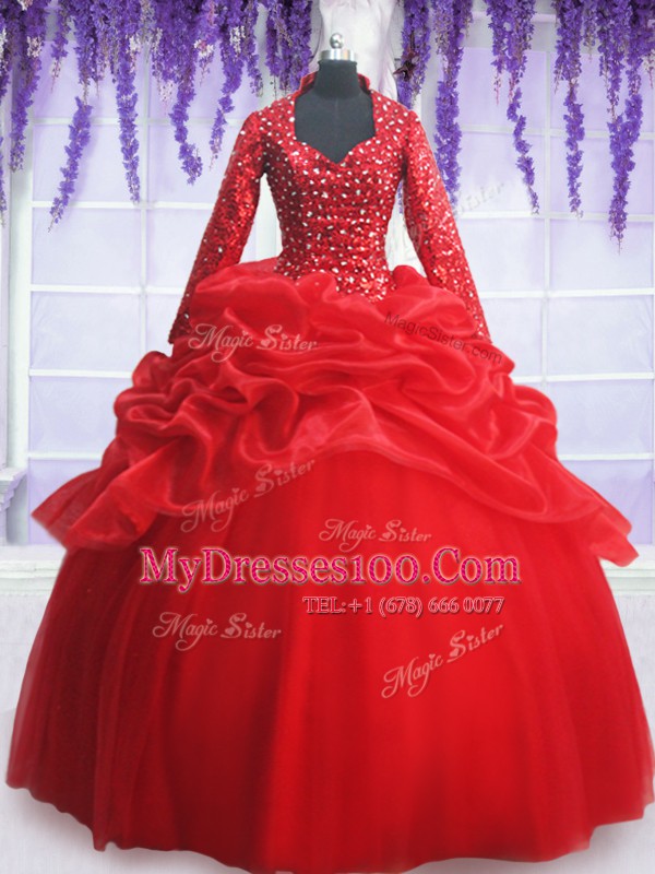 Sequins Pick Ups Sweetheart Long Sleeves Zipper 15 Quinceanera Dress Red Organza and Tulle