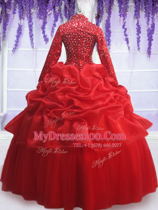 Sequins Pick Ups Sweetheart Long Sleeves Zipper 15 Quinceanera Dress Red Organza and Tulle