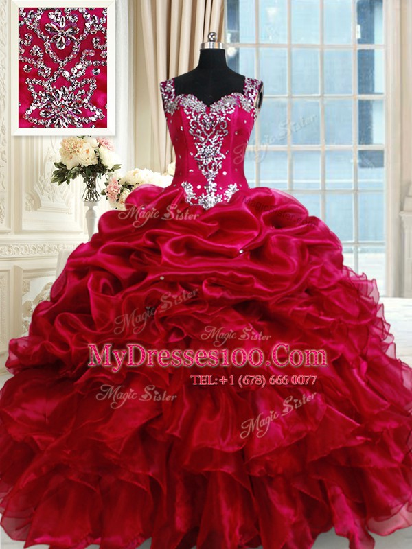 Straps Fuchsia Ball Gowns Ruffled Layers and Pick Ups 15 Quinceanera Dress Zipper Organza Sleeveless Floor Length