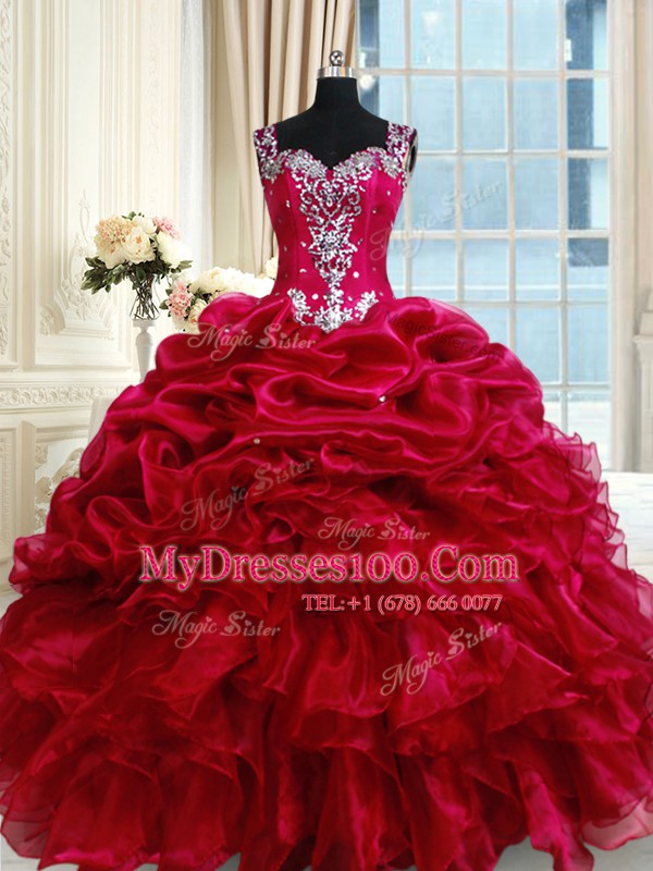 Straps Fuchsia Ball Gowns Ruffled Layers and Pick Ups 15 Quinceanera Dress Zipper Organza Sleeveless Floor Length
