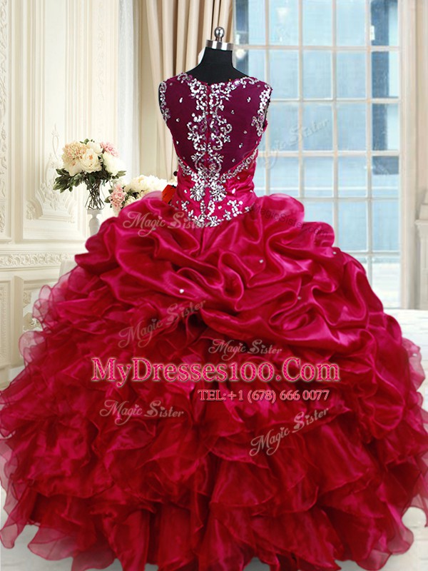 Straps Fuchsia Ball Gowns Ruffled Layers and Pick Ups 15 Quinceanera Dress Zipper Organza Sleeveless Floor Length