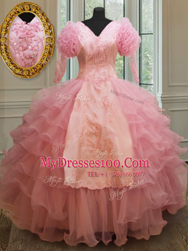 V-neck Half Sleeves Sweet 16 Dress Floor Length Beading and Embroidery and Ruffled Layers Baby Pink Organza