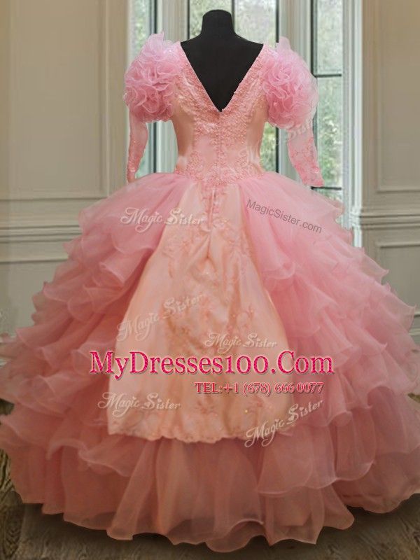 V-neck Half Sleeves Sweet 16 Dress Floor Length Beading and Embroidery and Ruffled Layers Baby Pink Organza
