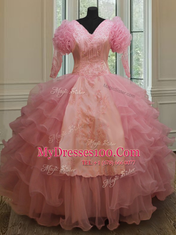 V-neck Half Sleeves Sweet 16 Dress Floor Length Beading and Embroidery and Ruffled Layers Baby Pink Organza