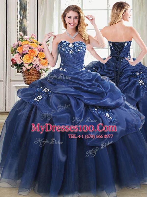 Four Piece Organza Sweetheart Sleeveless Lace Up Appliques Quinceanera Gowns in Navy Blue