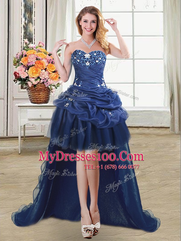 Four Piece Organza Sweetheart Sleeveless Lace Up Appliques Quinceanera Gowns in Navy Blue