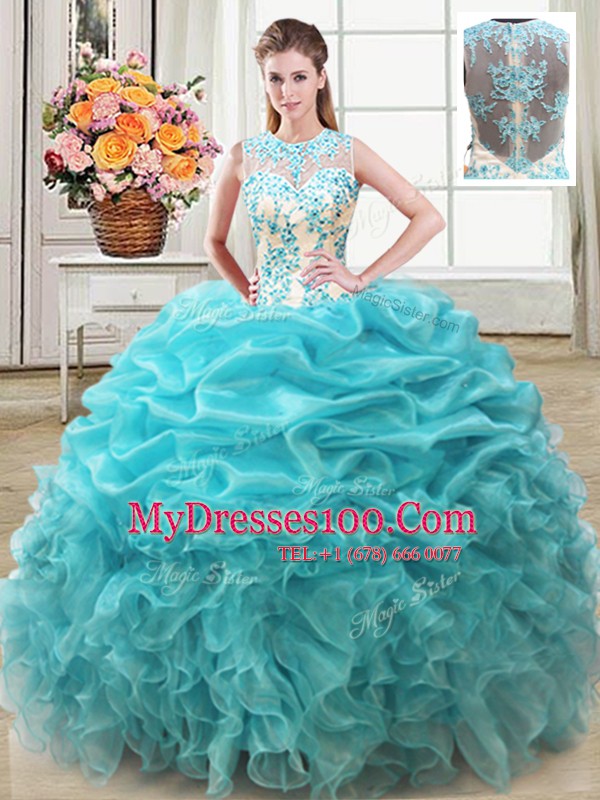 Lovely Scoop Beading and Ruffles Quinceanera Gowns Aqua Blue Lace Up Sleeveless Floor Length