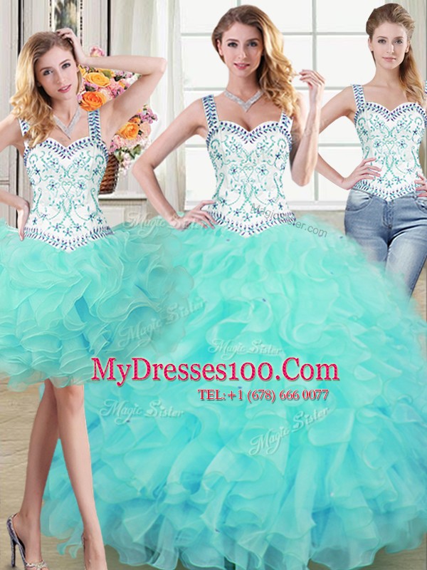 Three Piece Ball Gowns 15th Birthday Dress Aqua Blue Straps Organza Sleeveless Floor Length Lace Up