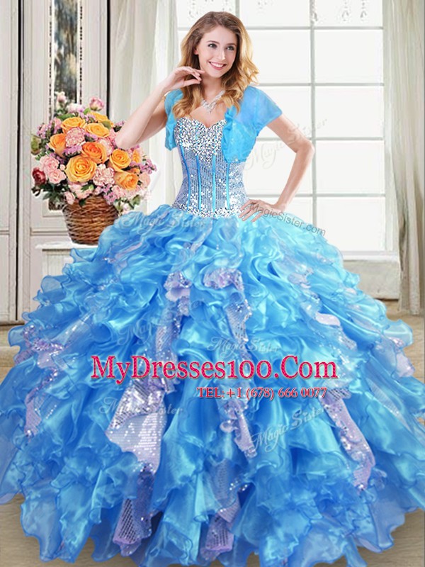 Affordable Sequins Ball Gowns Quince Ball Gowns Baby Blue Sweetheart Organza Sleeveless Floor Length Lace Up