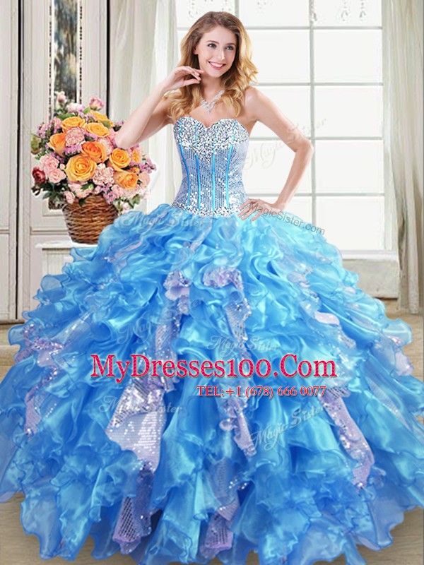 Affordable Sequins Ball Gowns Quince Ball Gowns Baby Blue Sweetheart Organza Sleeveless Floor Length Lace Up