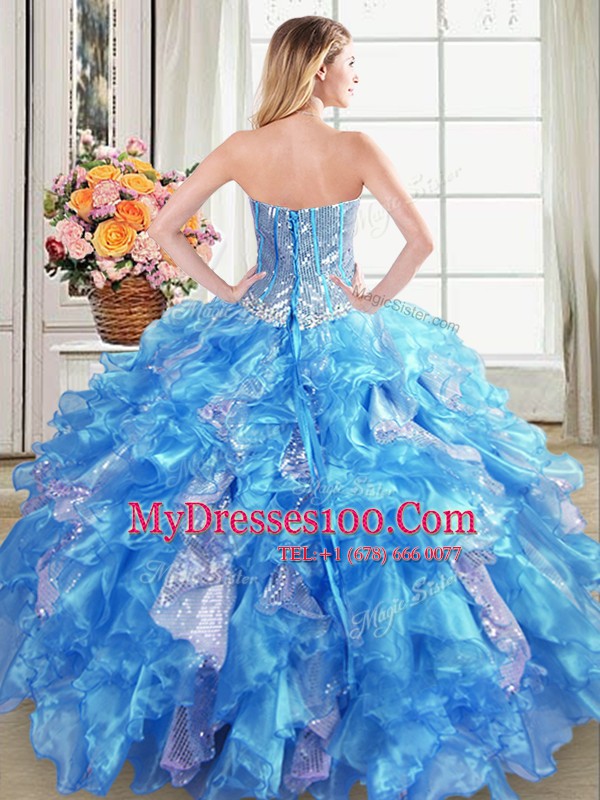 Affordable Sequins Ball Gowns Quince Ball Gowns Baby Blue Sweetheart Organza Sleeveless Floor Length Lace Up