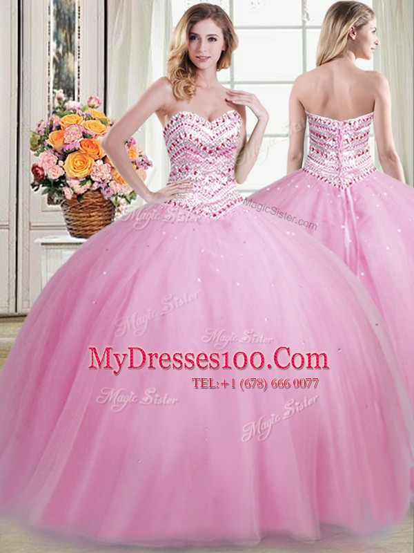 Rose Pink Sleeveless Beading Floor Length Quinceanera Gown
