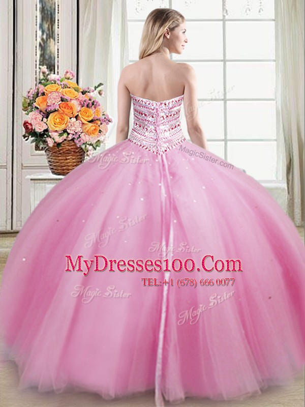 Rose Pink Sleeveless Beading Floor Length Quinceanera Gown