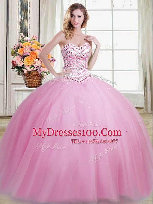 Rose Pink Sleeveless Beading Floor Length Quinceanera Gown