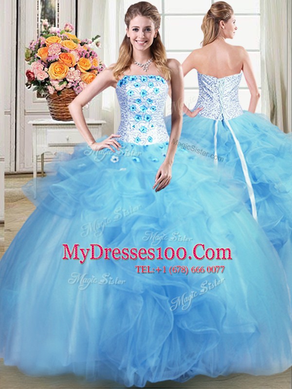 Four Piece Tulle Sleeveless Floor Length Quinceanera Dress and Beading and Appliques and Ruffles