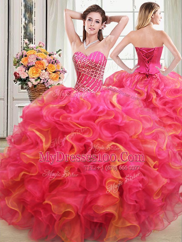 Beading and Ruffles Quinceanera Gown Multi-color Lace Up Sleeveless Floor Length
