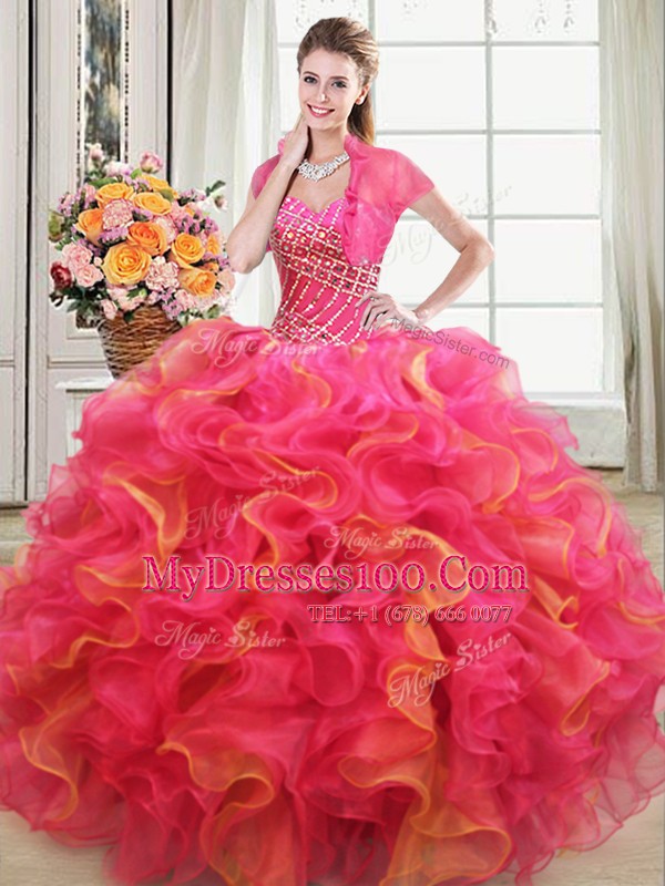 Beading and Ruffles Quinceanera Gown Multi-color Lace Up Sleeveless Floor Length