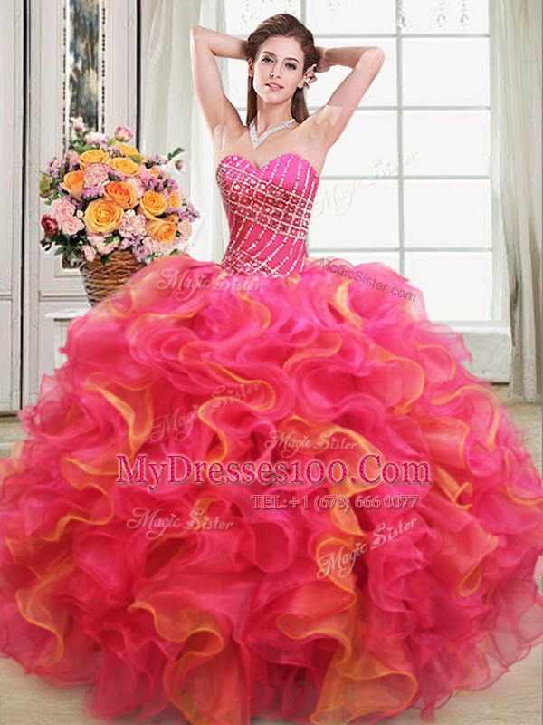Beading and Ruffles Quinceanera Gown Multi-color Lace Up Sleeveless Floor Length