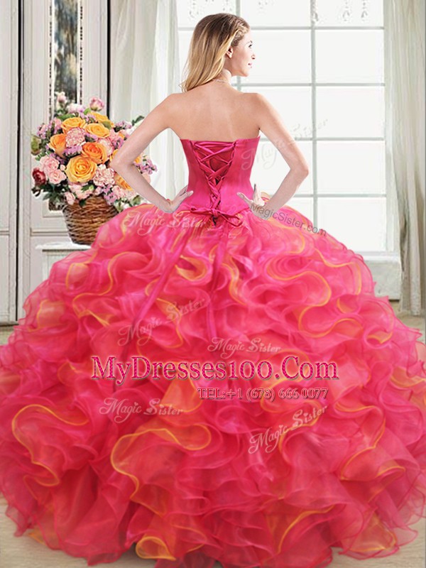 Beading and Ruffles Quinceanera Gown Multi-color Lace Up Sleeveless Floor Length